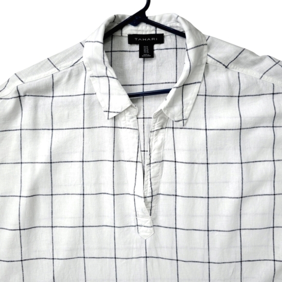 Tahari Linen Navy and White Window pane Top - Picture 2 of 8